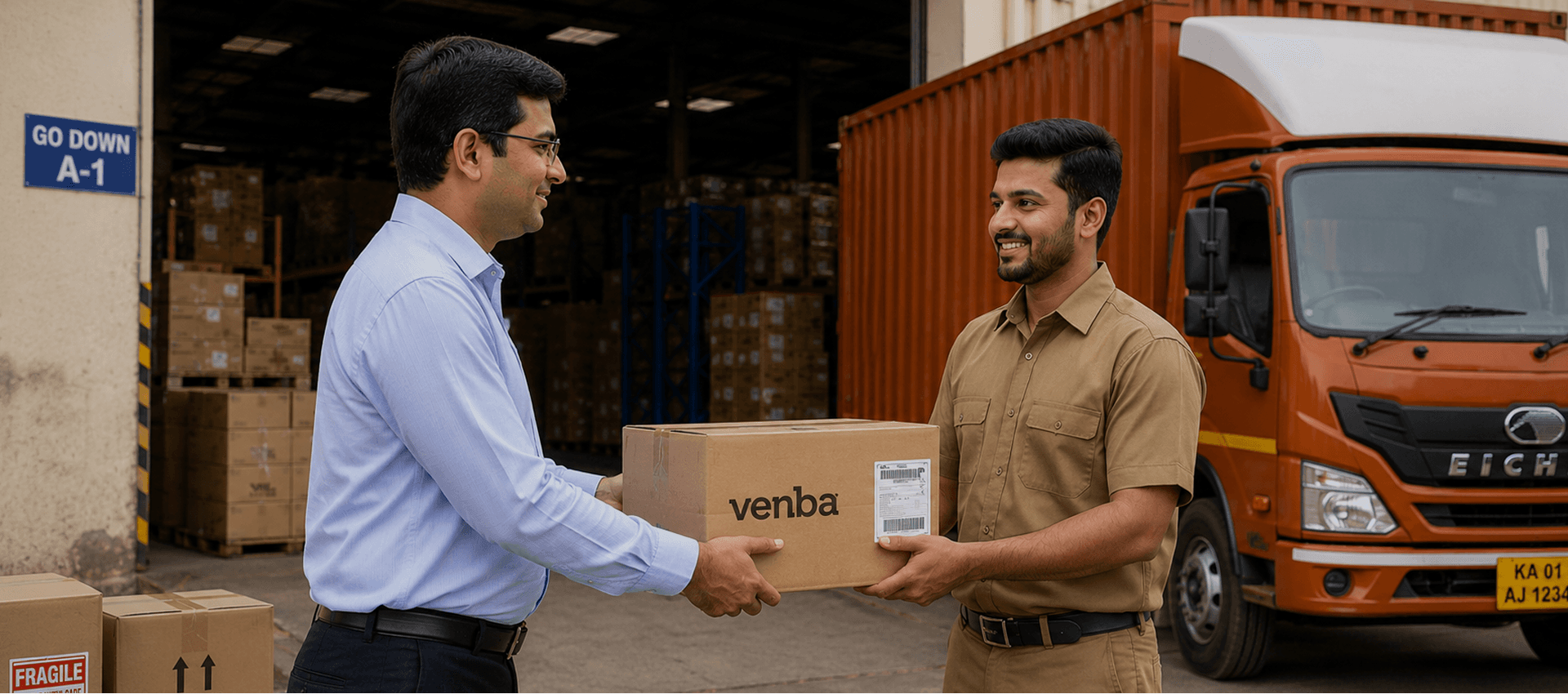 Venba consignor and transporter shaking hands at a warehouse